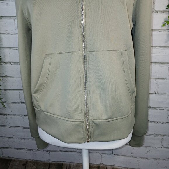 WOMENS DKNY OLIVE ZIP UP JACKET,  SHOULDERS ARE GATHERED, CUFFED SLEEVES SIZE S - Picture 4 of 10